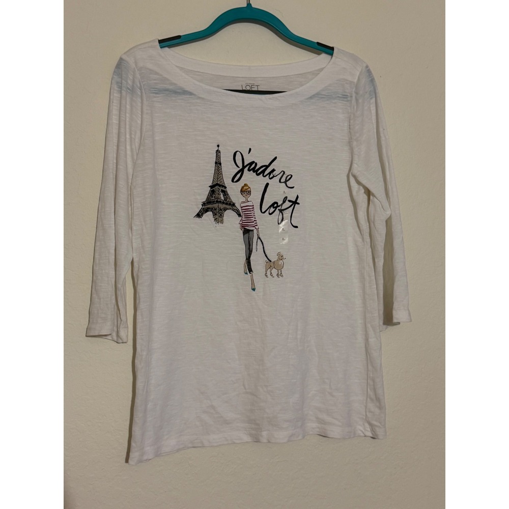 Ann Taylor Loft White J'adore Loft Paris Eiffel Tower Graphic Tee 3/4 Sleeve L